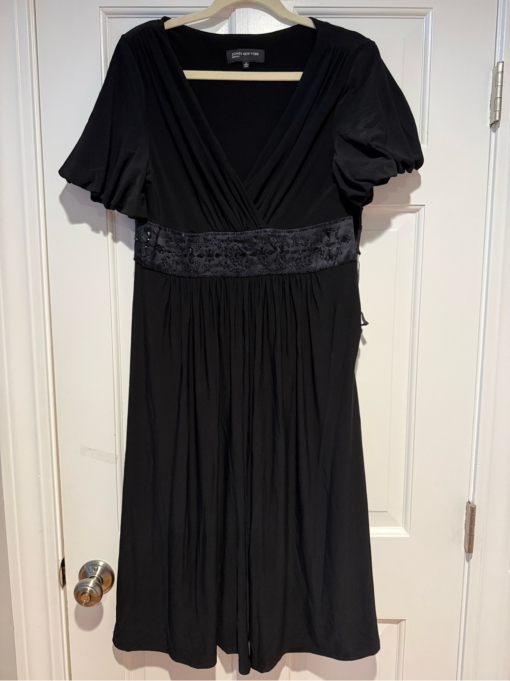Jones New York Black V-Neck Empire Waist Midi Dress with Embroidered Band